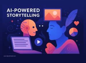 A vibrant flat-style illustration showing a human and a robot facing each other, symbolizing AI-powered storytelling. The human has a screen with images on their head and a feather behind the ear, representing creativity. The robot is connected to a laptop with written text. Surrounding elements include a play button, pie chart, hearts, and abstract shapes, depicting collaboration between human imagination and artificial intelligence.