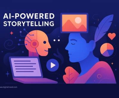 A vibrant flat-style illustration showing a human and a robot facing each other, symbolizing AI-powered storytelling. The human has a screen with images on their head and a feather behind the ear, representing creativity. The robot is connected to a laptop with written text. Surrounding elements include a play button, pie chart, hearts, and abstract shapes, depicting collaboration between human imagination and artificial intelligence.