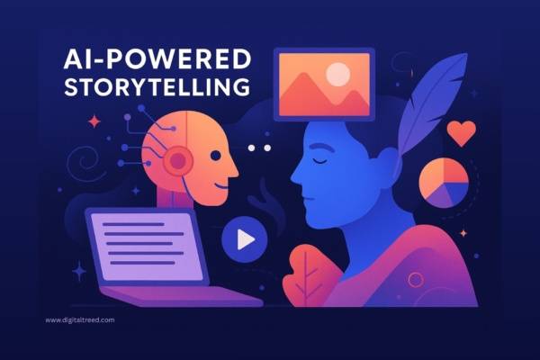 A vibrant flat-style illustration showing a human and a robot facing each other, symbolizing AI-powered storytelling. The human has a screen with images on their head and a feather behind the ear, representing creativity. The robot is connected to a laptop with written text. Surrounding elements include a play button, pie chart, hearts, and abstract shapes, depicting collaboration between human imagination and artificial intelligence.