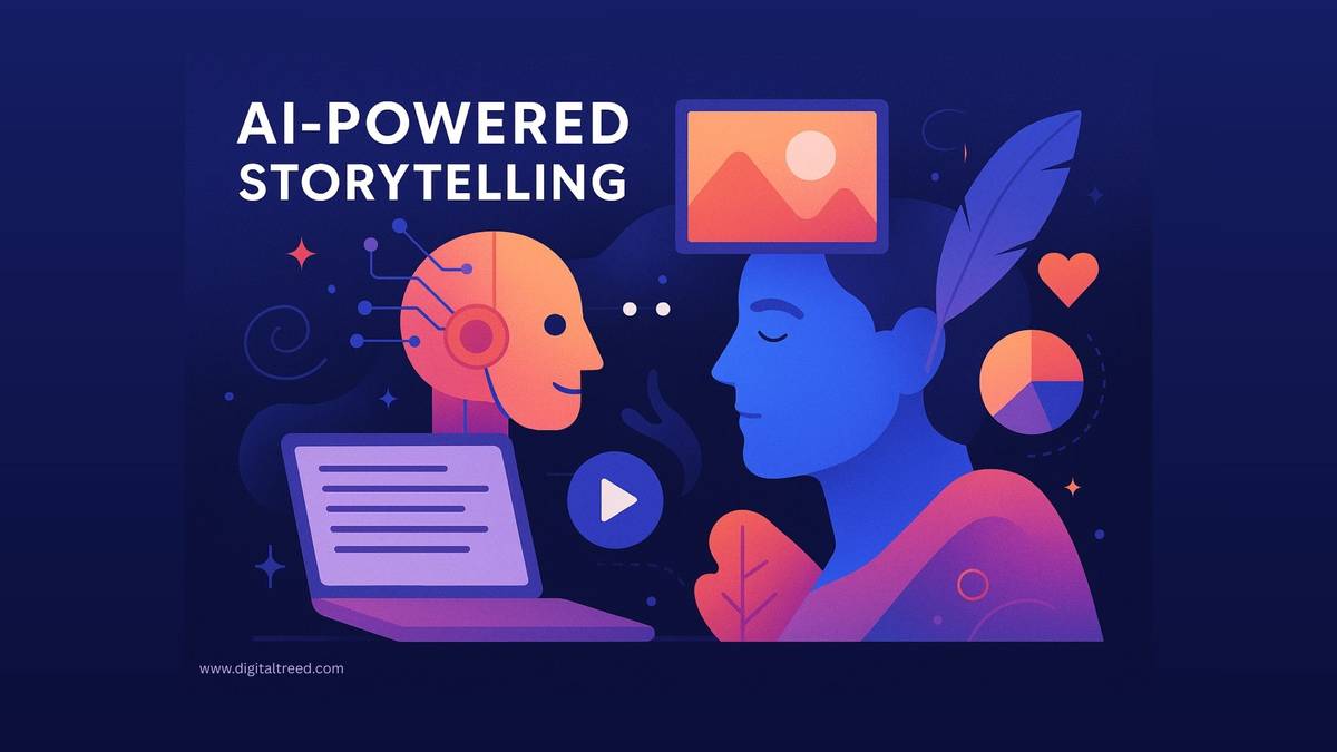 A vibrant flat-style illustration showing a human and a robot facing each other, symbolizing AI-powered storytelling. The human has a screen with images on their head and a feather behind the ear, representing creativity. The robot is connected to a laptop with written text. Surrounding elements include a play button, pie chart, hearts, and abstract shapes, depicting collaboration between human imagination and artificial intelligence.