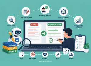 AI to humanized content workflow Infographic illustrating how to humanize AI-generated content before publishing, featuring AI draft editing, fact-checking, content optimization, readability improvements, SEO best practices, grammar review, plagiarism checks, audience-focused writing, and a streamlined publishing workflow.