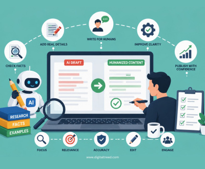 Infographic illustrating how to humanize AI-generated content before publishing, featuring AI draft editing, fact-checking, content optimization, readability improvements, SEO best practices, grammar review, plagiarism checks, audience-focused writing, and a streamlined publishing workflow.