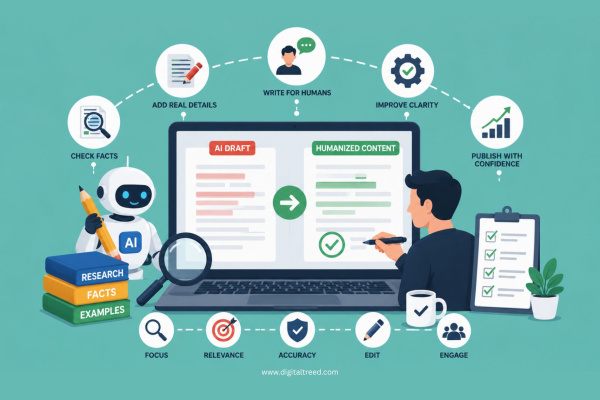 Infographic illustrating how to humanize AI-generated content before publishing, featuring AI draft editing, fact-checking, content optimization, readability improvements, SEO best practices, grammar review, plagiarism checks, audience-focused writing, and a streamlined publishing workflow.