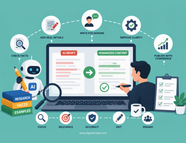 AI to humanized content workflow Infographic illustrating how to humanize AI-generated content before publishing, featuring AI draft editing, fact-checking, content optimization, readability improvements, SEO best practices, grammar review, plagiarism checks, audience-focused writing, and a streamlined publishing workflow.