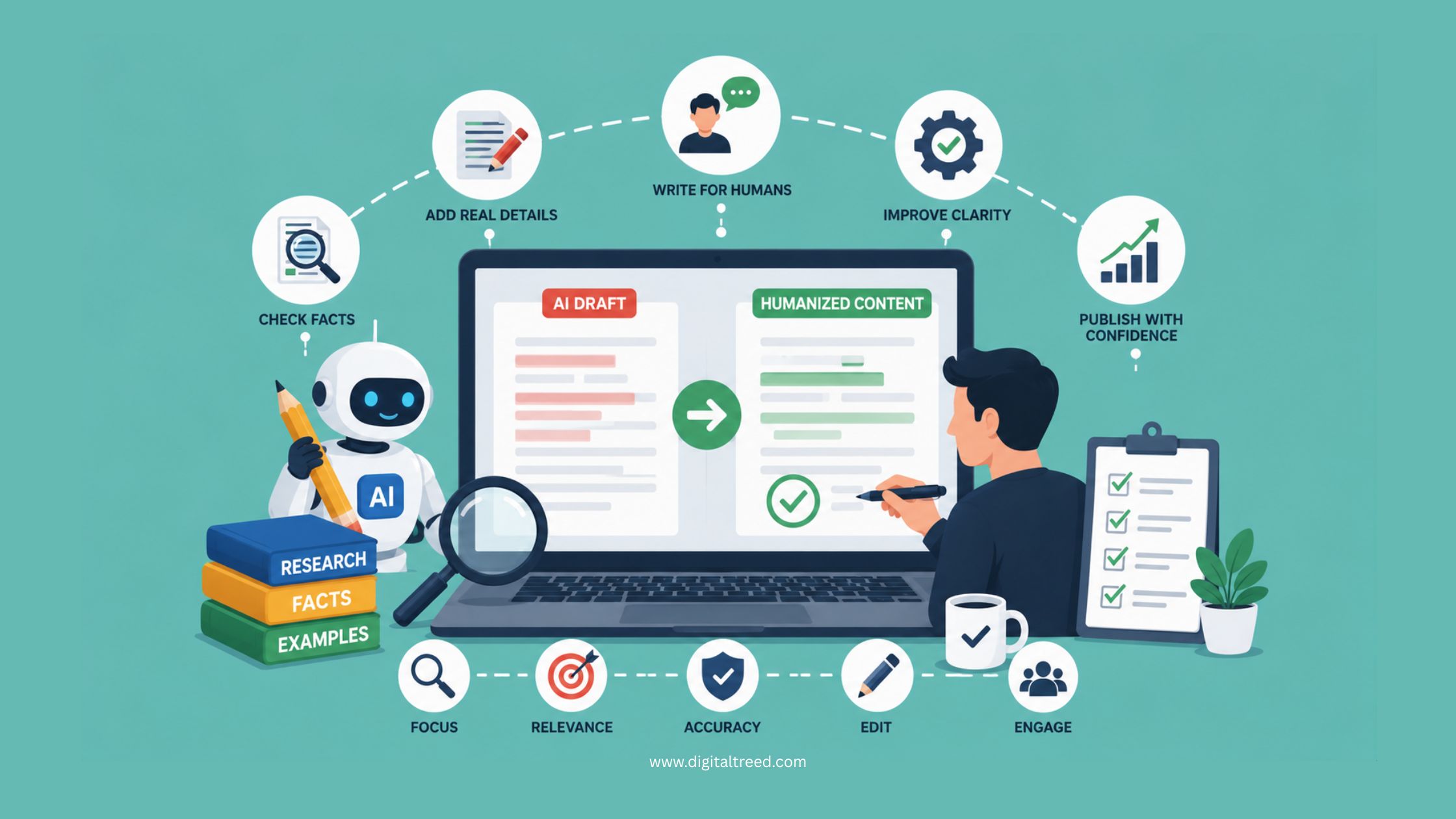 AI to humanized content workflow Infographic illustrating how to humanize AI-generated content before publishing, featuring AI draft editing, fact-checking, content optimization, readability improvements, SEO best practices, grammar review, plagiarism checks, audience-focused writing, and a streamlined publishing workflow.
