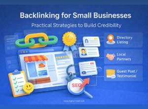 Illustration showing backlinking strategies for small businesses, with icons for directory listings, local partnerships, guest posts, testimonials, SEO growth, and website credibility.