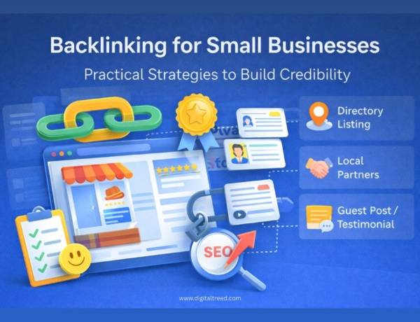 Illustration showing backlinking strategies for small businesses, with icons for directory listings, local partnerships, guest posts, testimonials, SEO growth, and website credibility.