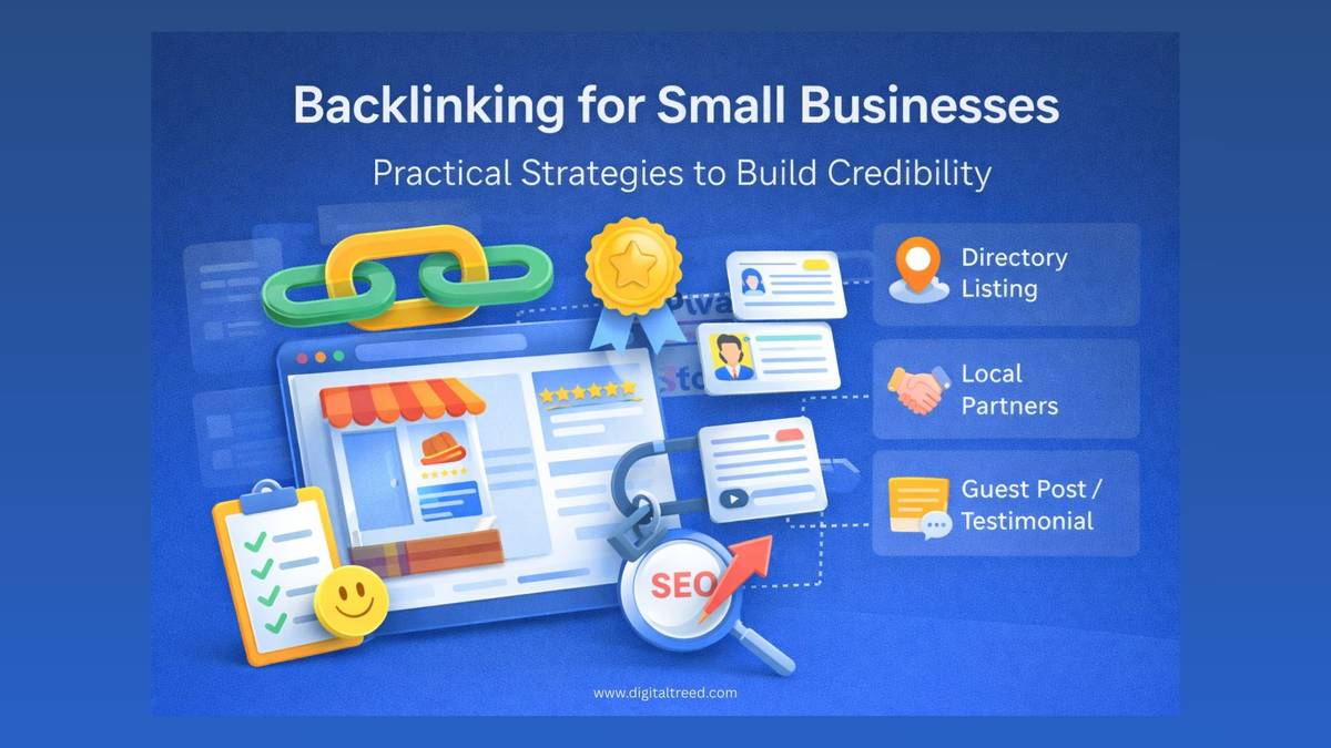 Illustration showing backlinking strategies for small businesses, with icons for directory listings, local partnerships, guest posts, testimonials, SEO growth, and website credibility.