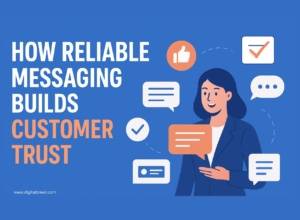 A modern flat-style digital illustration showing multiple communication channels like email, chat, and social media icons connecting to a central business symbol, representing trust, consistency, and reliable customer messaging.