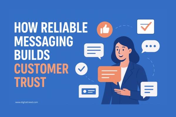 A modern flat-style digital illustration showing multiple communication channels like email, chat, and social media icons connecting to a central business symbol, representing trust, consistency, and reliable customer messaging.