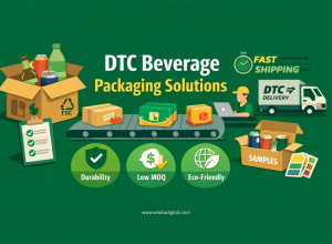 Infographic showing DTC beverage packaging solutions with shipping boxes, bottles, eco-friendly packaging icons, and delivery logistics for direct-to-consumer brands.