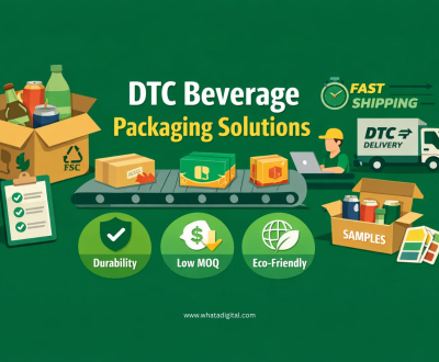 Infographic showing DTC beverage packaging solutions with shipping boxes, bottles, eco-friendly packaging icons, and delivery logistics for direct-to-consumer brands.