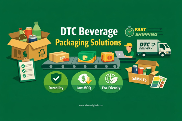 Infographic showing DTC beverage packaging solutions with shipping boxes, bottles, eco-friendly packaging icons, and delivery logistics for direct-to-consumer brands.