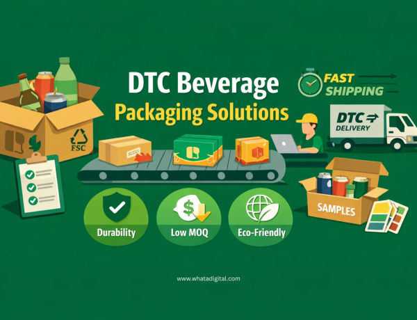 Infographic showing DTC beverage packaging solutions with shipping boxes, bottles, eco-friendly packaging icons, and delivery logistics for direct-to-consumer brands.