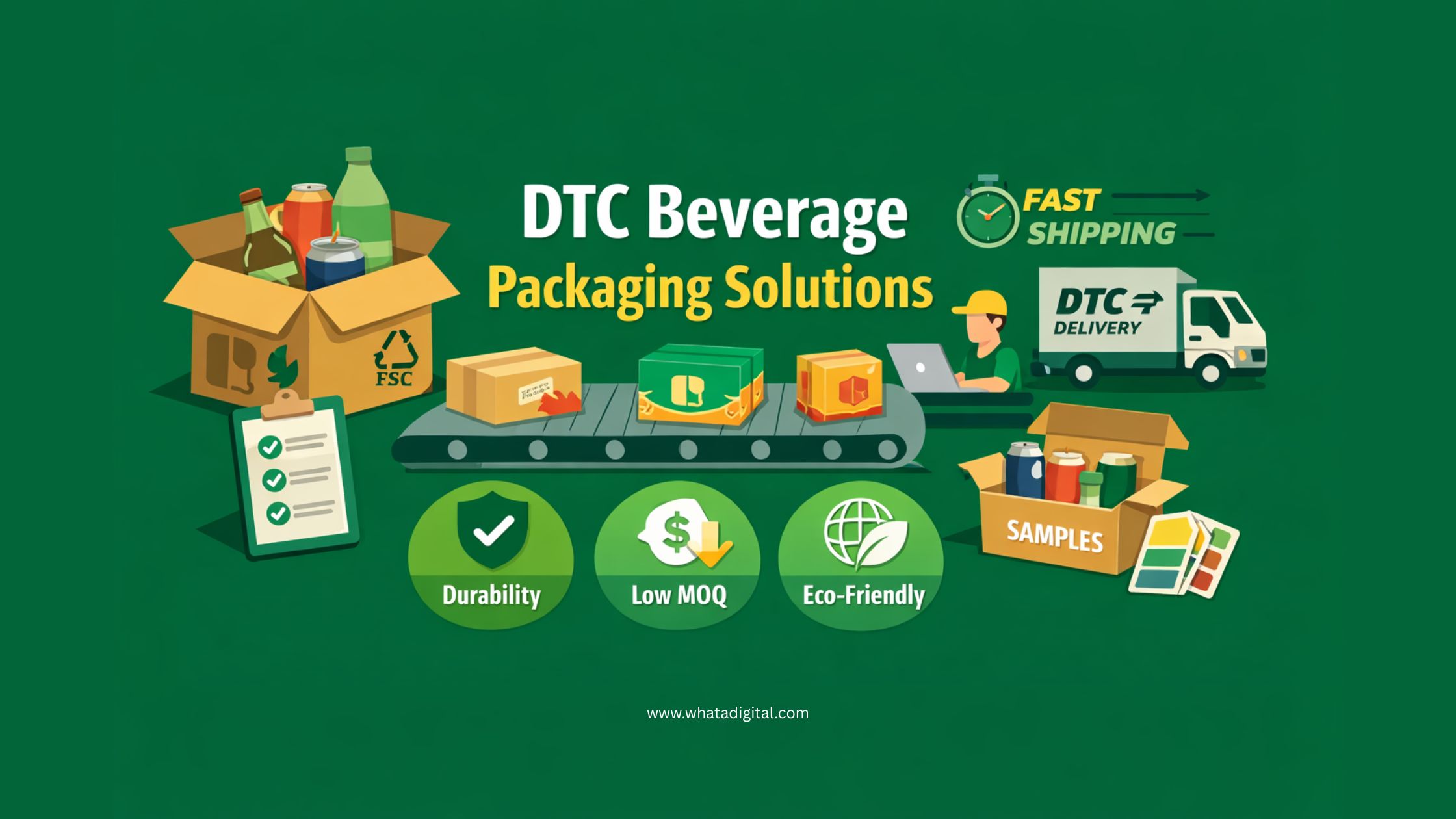 Infographic showing DTC beverage packaging solutions with shipping boxes, bottles, eco-friendly packaging icons, and delivery logistics for direct-to-consumer brands.