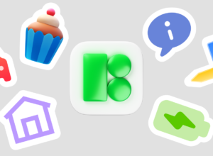 A collection of colorful 3D-style icons arranged around a central green Icons8 logo, including a red car, a blue cupcake, a purple home, a blue info bubble, a blue ruler with a yellow pencil, and a green battery icon, all on a light gray background.