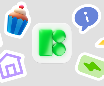 A collection of colorful 3D-style icons arranged around a central green Icons8 logo, including a red car, a blue cupcake, a purple home, a blue info bubble, a blue ruler with a yellow pencil, and a green battery icon, all on a light gray background.