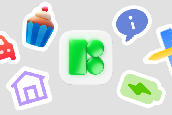 A collection of colorful 3D-style icons arranged around a central green Icons8 logo, including a red car, a blue cupcake, a purple home, a blue info bubble, a blue ruler with a yellow pencil, and a green battery icon, all on a light gray background.