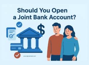 A flat-style digital illustration infographic showing a couple managing their finances together using a laptop and smartphone. The background features money icons, charts, and bank symbols, representing online joint bank accounts, shared budgeting, and financial transparency. The overall theme conveys modern digital banking, teamwork, and financial communication.