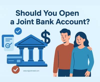 Joint Bank Account Makes A flat-style digital illustration infographic showing a couple managing their finances together using a laptop and smartphone. The background features money icons, charts, and bank symbols, representing online joint bank accounts, shared budgeting, and financial transparency. The overall theme conveys modern digital banking, teamwork, and financial communication.