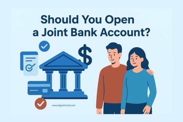 A flat-style digital illustration infographic showing a couple managing their finances together using a laptop and smartphone. The background features money icons, charts, and bank symbols, representing online joint bank accounts, shared budgeting, and financial transparency. The overall theme conveys modern digital banking, teamwork, and financial communication.