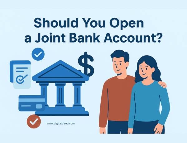 A flat-style digital illustration infographic showing a couple managing their finances together using a laptop and smartphone. The background features money icons, charts, and bank symbols, representing online joint bank accounts, shared budgeting, and financial transparency. The overall theme conveys modern digital banking, teamwork, and financial communication.