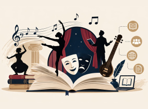 Infographic showing performing arts as a living archive with theatre masks, dancers, music notes, and books emerging from an open book representing preserved cultural stories.