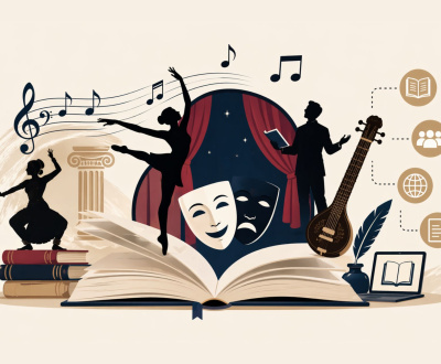 Infographic showing performing arts as a living archive with theatre masks, dancers, music notes, and books emerging from an open book representing preserved cultural stories.