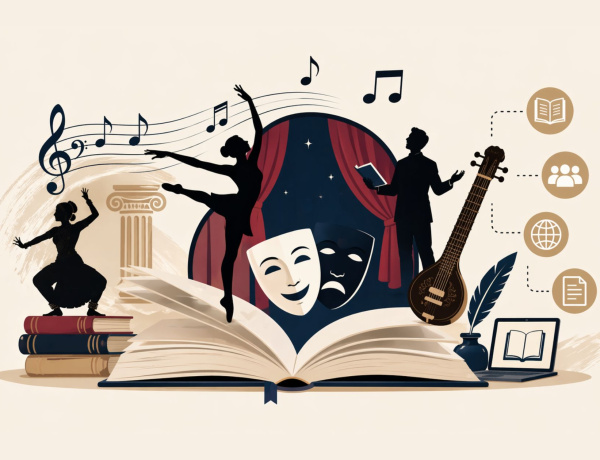 Infographic showing performing arts as a living archive with theatre masks, dancers, music notes, and books emerging from an open book representing preserved cultural stories.