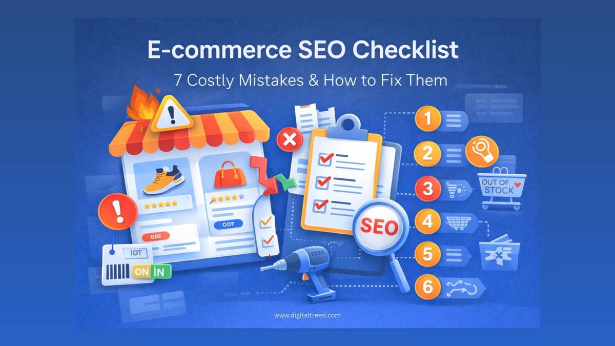 Illustrated e-commerce SEO checklist infographic showing an online store page, product listings, warning icons, and a checklist highlighting common SEO mistakes and fixes.