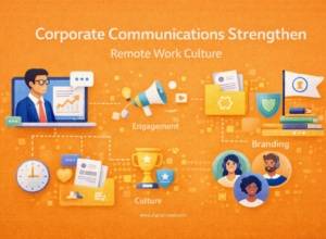 Corporate communications infographic showing how structured messaging, leadership visibility, employee engagement, change management, and employer branding help build strong remote work culture.