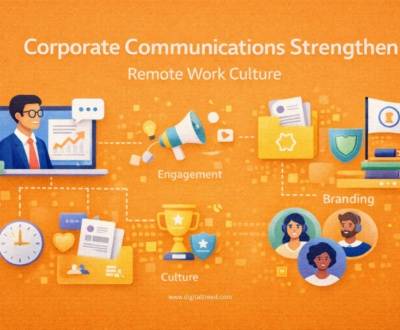 Corporate communications infographic showing how structured messaging, leadership visibility, employee engagement, change management, and employer branding help build strong remote work culture.