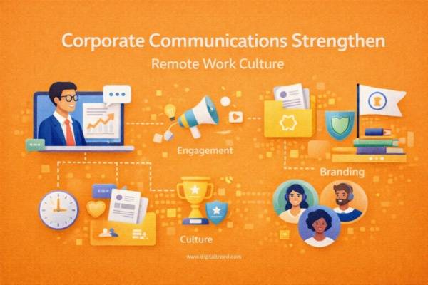 Corporate communications infographic showing how structured messaging, leadership visibility, employee engagement, change management, and employer branding help build strong remote work culture.