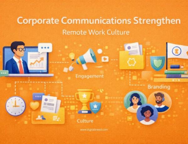 Corporate communications infographic showing how structured messaging, leadership visibility, employee engagement, change management, and employer branding help build strong remote work culture.