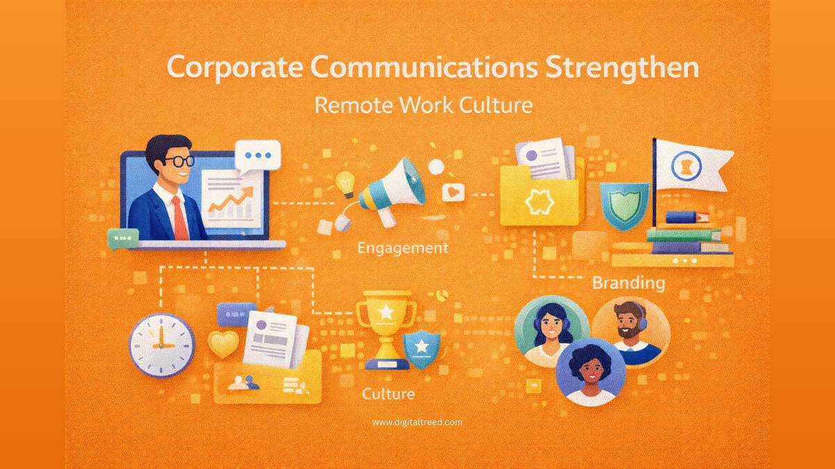 Corporate communications infographic showing how structured messaging, leadership visibility, employee engagement, change management, and employer branding help build strong remote work culture.