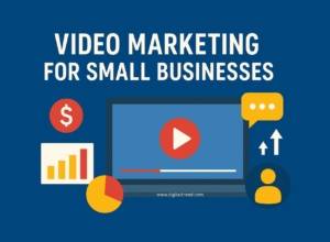 A flat-style digital infographic featuring a laptop with a video play icon, surrounded by small icons like a bar chart, pie chart, dollar symbol, chat bubble, and user icon. The title “Video Marketing for Small Businesses” appears at the top in bold white text on a dark blue background.