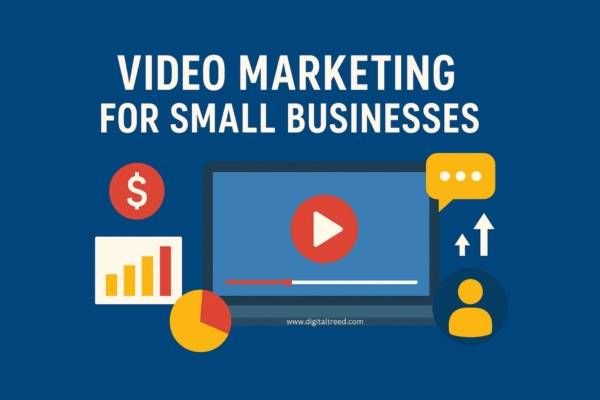 A flat-style digital infographic featuring a laptop with a video play icon, surrounded by small icons like a bar chart, pie chart, dollar symbol, chat bubble, and user icon. The title “Video Marketing for Small Businesses” appears at the top in bold white text on a dark blue background.