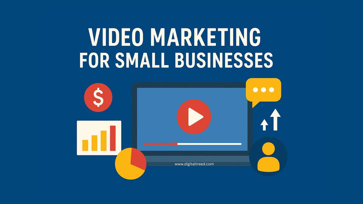 A flat-style digital infographic featuring a laptop with a video play icon, surrounded by small icons like a bar chart, pie chart, dollar symbol, chat bubble, and user icon. The title “Video Marketing for Small Businesses” appears at the top in bold white text on a dark blue background.
