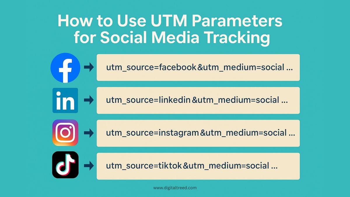 A 2D digital infographic titled "How to Use UTM Parameters for Social Media" featuring labeled icons for Facebook, Instagram, LinkedIn, and TikTok, each with simplified UTM tag examples and usage tips, arranged in a clean, modern layout with bold colors and minimal text.