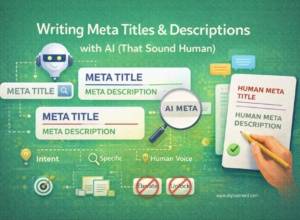 Illustration showing AI and human collaboration in writing SEO meta titles and descriptions, with clean typography elements, search result snippets, and editorial icons on a solid background.