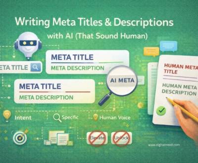Illustration showing AI and human collaboration in writing SEO meta titles and descriptions, with clean typography elements, search result snippets, and editorial icons on a solid background.
