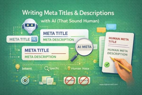 Illustration showing AI and human collaboration in writing SEO meta titles and descriptions, with clean typography elements, search result snippets, and editorial icons on a solid background.