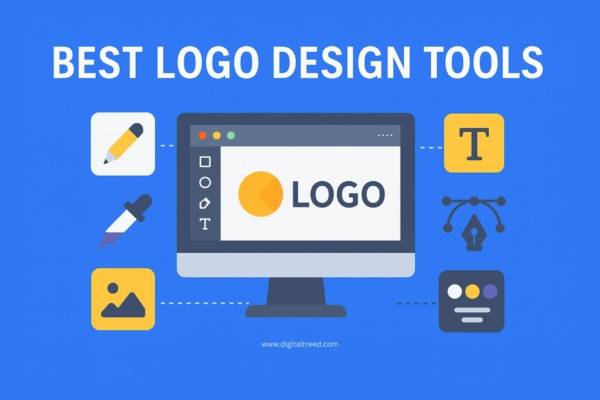 Illustration showing best logo design tools with a computer screen displaying a logo, surrounded by icons for text, color, and design elements on a blue background.