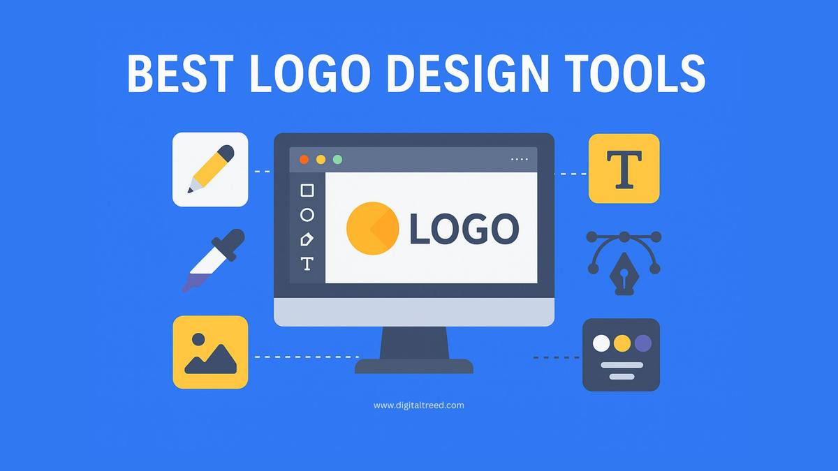 Illustration showing best logo design tools with a computer screen displaying a logo, surrounded by icons for text, color, and design elements on a blue background.